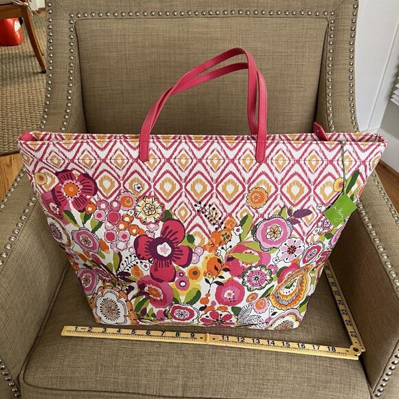 Vera Bradley Clementine Vinyl Zipper Beach Pattern Play Tote Floral Pink Orange - Picture 3 of 10